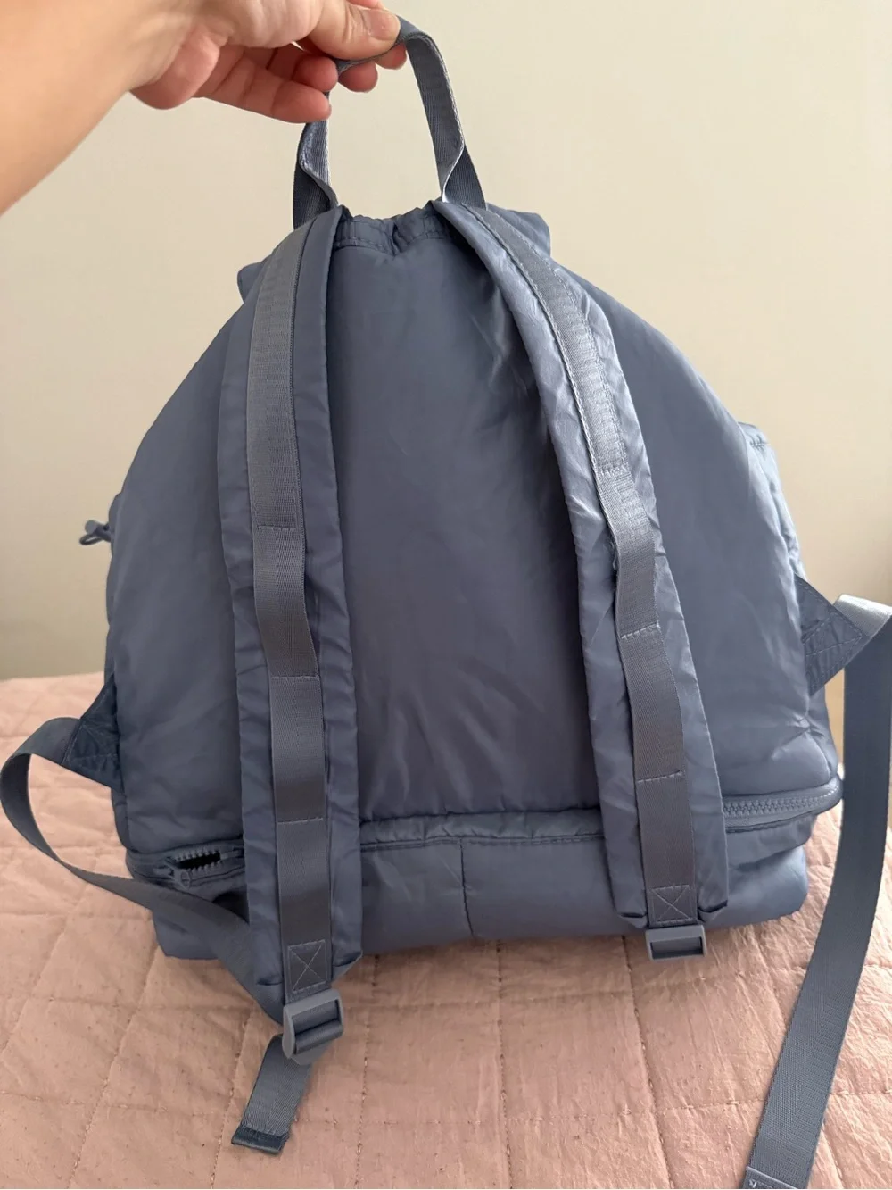 Blue Quilted Nylon Drawstring Backpack - Picture 3 of 5